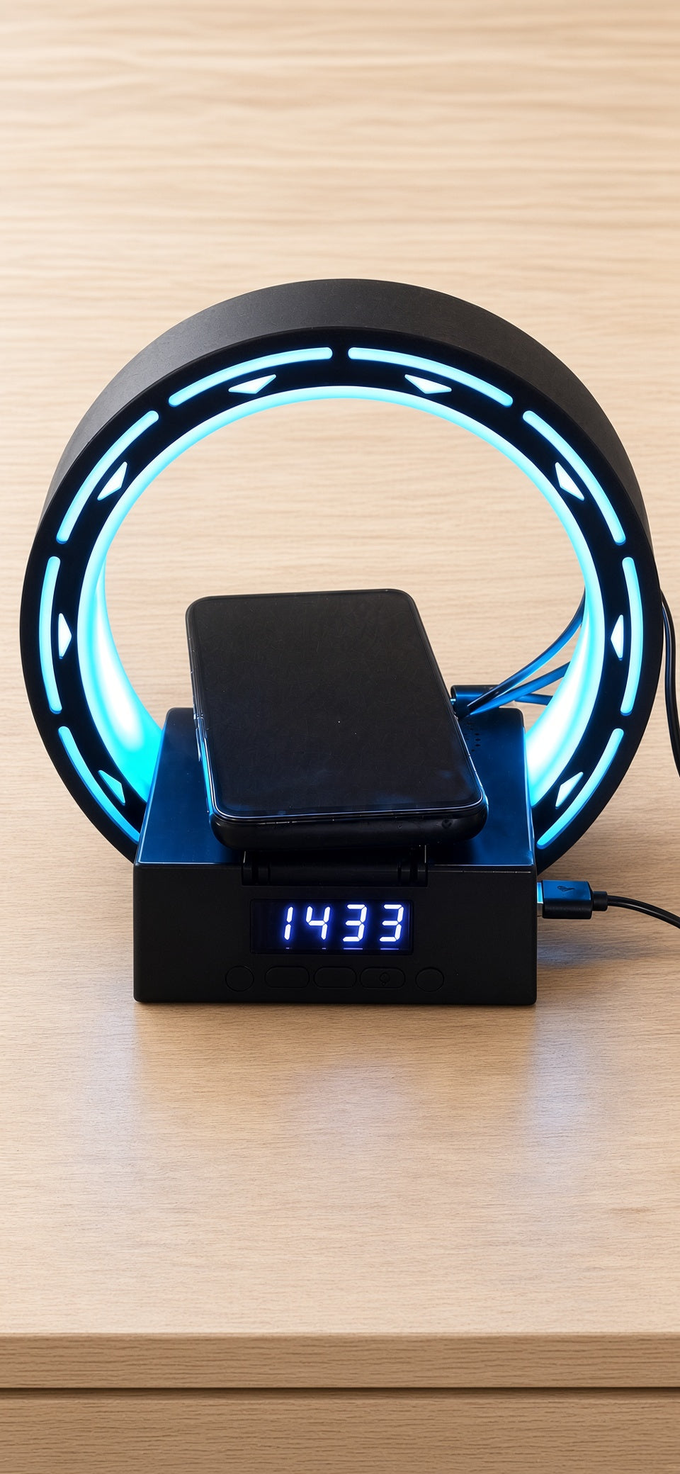 Réveil 4-en-1 Bluetooth — lampe LED, charge sans fil et enceinte